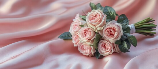 Aufkleber - Bridal bouquet of pink roses elegantly arranged on soft pink fabric with ample copy space for personalized text or messages