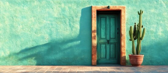 Poster - Turquoise wall with a green door and potted cactus casting shadows in sunlight Copy Space