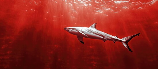 Poster - Dynamic Underwater Scene of Blacktip Shark Surrounded by Red Water with Ample Copyspace for Text or Graphics