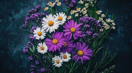 Poster - Vibrant violet and white wildflower bouquet overhead flat lay on dark textured background showcasing chamomile and daisies