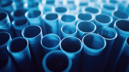 Poster - Assorted metal tubes in a close-up arrangement showcasing blue and white hues on a dark background creating a modern industrial aesthetic
