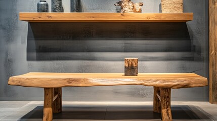 Poster - Natural wooden table with rustic design displayed against a textured wall with shelves holding decorative items and copy space for text