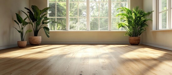 Aufkleber - Spacious and Modern Living Room with Natural Light, Indoor Plants, and Vinyl Flooring Ideal for Design and Real Estate Projects