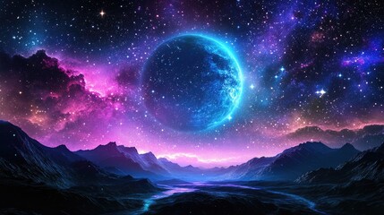 Wall Mural - Cosmic landscape with a large blue planet in a starry sky, vibrant purple and pink nebulae over mountains and a river, Copy Space.