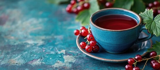 Aufkleber - Blue cup with red currant syrup surrounded by fresh berries and greenery on textured background with space for text or branding