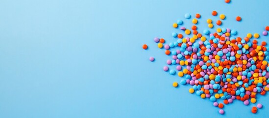 Poster - Colorful confetti scattered on a blue gradient background creating a vibrant and festive atmosphere with ample space for text or design.