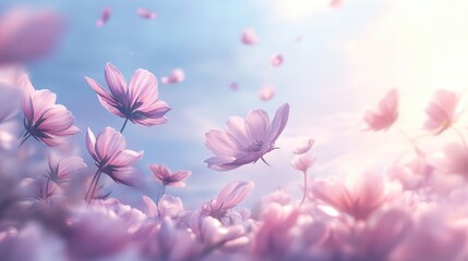 Poster - Delicate pink flowers in a soft light setting with gentle petals floating, ideal for nature themed compositions with Copy Space.