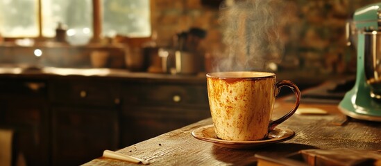 Poster - Brewing Coffee in Vintage Mug on Rustic Kitchen Table with Soft Light and Empty Space for Text or Branding