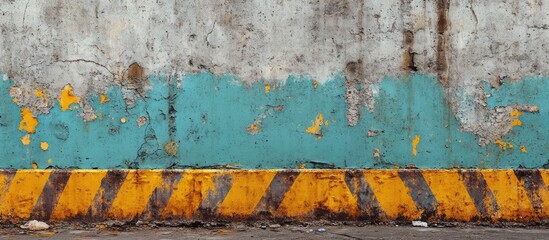 Poster - Textured wall with peeling paint in blue and orange with black striped caution line at the bottom Copy Space
