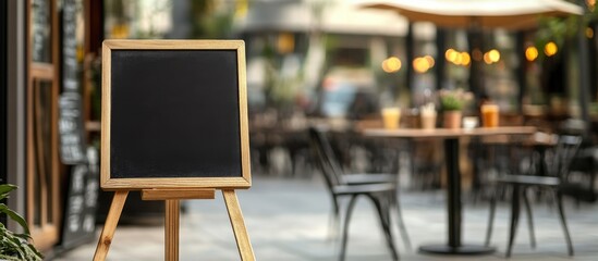 Aufkleber - Wooden chalkboard sandwich board outside a cafe with empty copyspace for customizable text in a vibrant outdoor setting