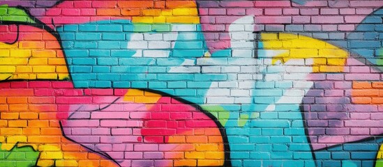 Aufkleber - Vibrant Brick Wall with Colorful Graffiti Art and Blank Space for Text Overlay in Urban and Creative Background