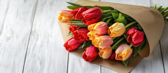 Aufkleber - Bouquet of Tulips Wrapped in Brown Paper on White Wooden Surface with Blank Card for Personalized Message and Copyspace