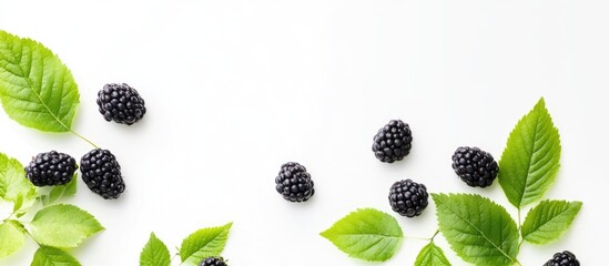 Poster - Blackberries with fresh green leaves isolated on white background creating natural frame and empty copyspace for text or design elements