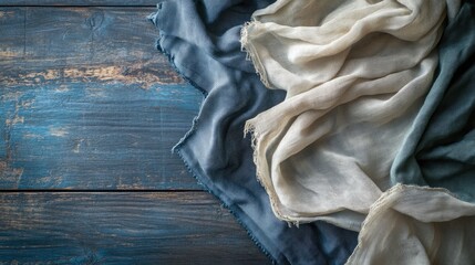 Poster - Soft fabric texture with gentle folds in neutral tones on rustic wooden background Copy Space