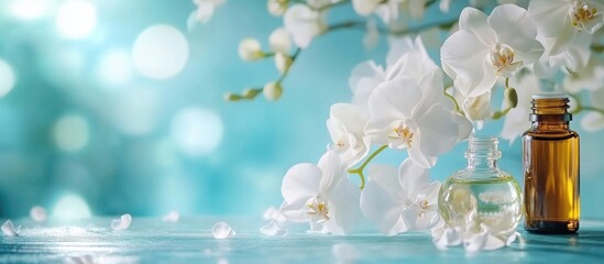 Aufkleber - Essential Oil Bottles with Elegant White Orchid and Soft Focus Background Offering Space for Text and Natural Wellness Themes