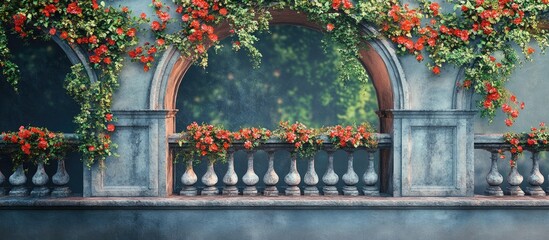 Poster - Bridge with decorative arches and vibrant flowers creating a serene setting with ample copy space for text placement and design elements.