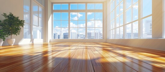 Aufkleber - Spacious modern office interior with wooden flooring and large windows showcasing natural light and ample space for creative text placement