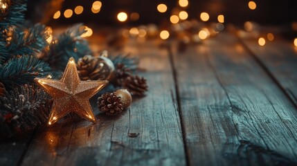 Poster - Christmas decorations with a golden star and pine cones on a wooden surface illuminated by warm bokeh fairy lights Copy Space