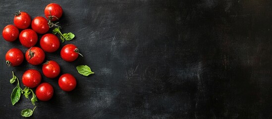 Aufkleber - Fresh Red Tomatoes Arrangement on a Dark Chalkboard Background with Copyspace for Text and Culinary Design Elements