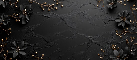 Aufkleber - Elegant Black Textured Background with Floral Accents Ideal for Holiday Presentation Banners and Customizable Copyspace