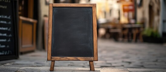 Aufkleber - Blank Black Chalkboard Sandwich Board in a Cafe Street Setting Ideal for Menu or Promotional Text with Empty Space for Customization