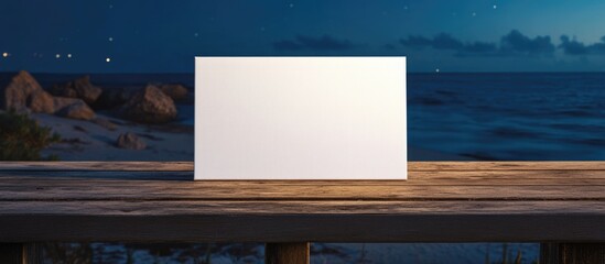 Aufkleber - Blank Canvas on Wooden Table by Night Beach Scene with Calm Ocean Background Ideal for Text and Creativity Concepts