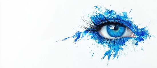 Poster - Bright blue eye with vibrant eyelashes and artistic paint splashes on white background ideal for text overlay and design projects