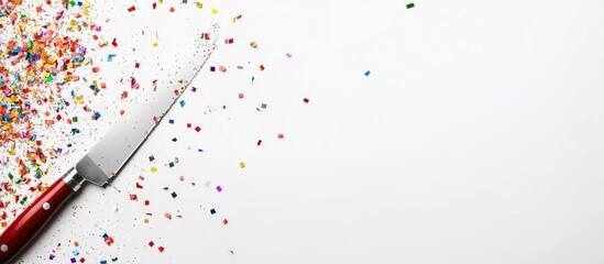 Poster - Blade and Colorful Confetti on Bright White Background with Empty Space for Textual Content and Creative Designs