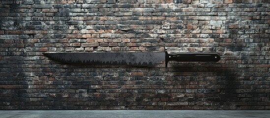 Aufkleber - Brick Wall Interior with Large Knife Displayed Creating Unique Dramatic Background for Creative Text or Graphic Overlay