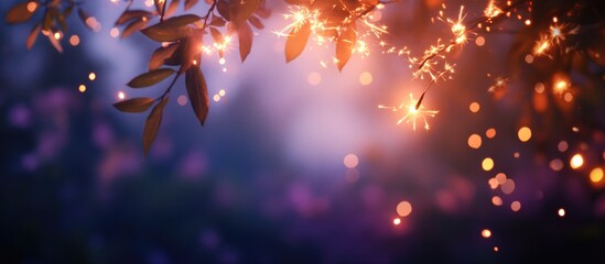 Poster - Colorful bokeh background with warm glimmering lights and leaves in soft focus Copy Space