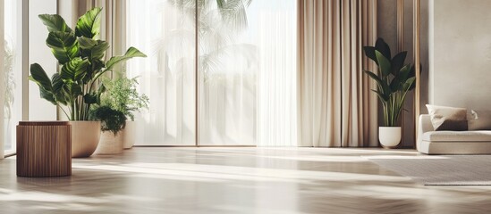 Poster - Modern Minimalist Living Room Interior Design with Abundant Natural Light and Green Plants for Relaxed Atmosphere