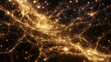 Poster - Abstract golden glowing network background with intricate lines and particles on dark backdrop Copy Space