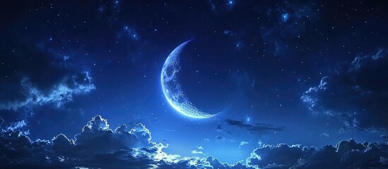 Aufkleber - Crescent moon illuminated in a clear night sky with vibrant colors and ample empty space for text or graphic overlay.