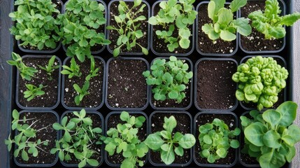 Assorted young plant seedlings thriving in soil showcasing healthy growth for sustainable agriculture and gardening themes