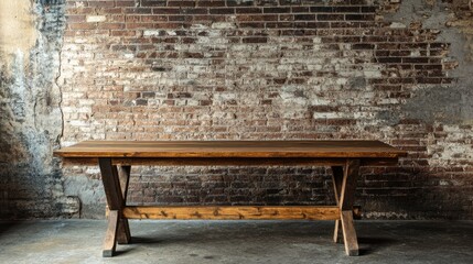 Poster - Wooden table against a rustic brick wall with copy space for text in an industrial setting