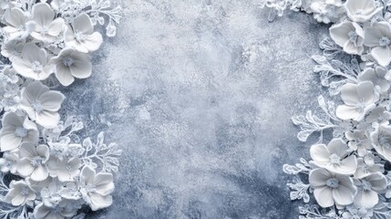 Poster - Textured gray background with white floral decorations and copy space for text.