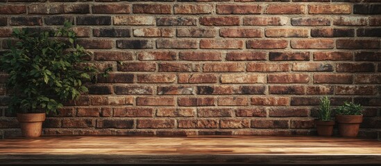Poster - Brick wall workstation interior design with wooden table plants and ample copy space for creative text or graphic content