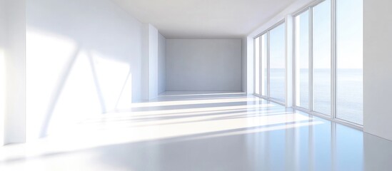 Aufkleber - Modern Minimalist Interior Space with Expansive Windows and Ample Natural Light Ideal for Creative Design Presentations