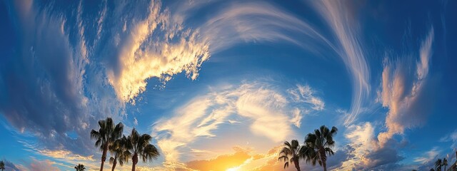 Poster - Dramatic sunset sky over palm trees with vibrant clouds creating a serene beach atmosphere and ample space for text in summer evening light
