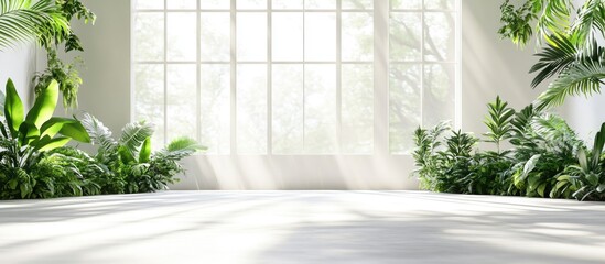 Poster - Serene indoor space filled with lush greenery and ample light creating an inviting atmosphere with space for text inclusion