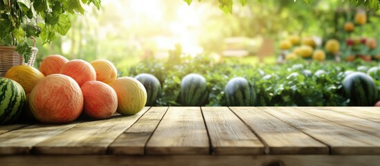 Aufkleber - Fresh Fruit Stand Display Featuring Watermelons and Oranges with Natural Background and Empty Copyspace for Promotional Text