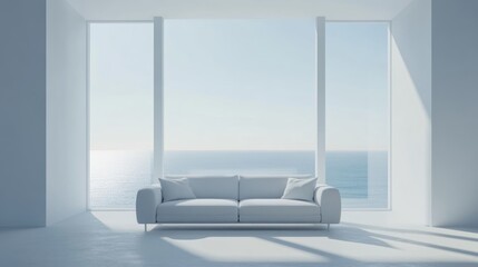 Poster - Minimalist living room interior with white sofa and large windows overlooking the ocean Copy Space