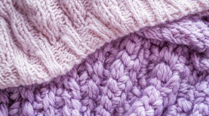 Poster - textured knitting patterns in pink and lavender shades showcasing warm winter apparel with copy spac