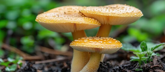Aufkleber - Mushroom trio growing in natural habitat showcasing vibrant colors and intricate textures ideal for nature or foraging themes