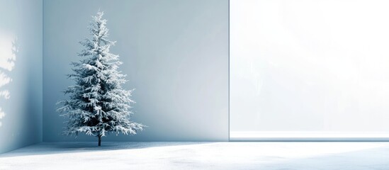 Poster - Cozy Holiday Room with Snowy Christmas Tree and Bright Space for Text in Minimalist Winter Decor
