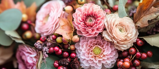 Aufkleber - Delicate pink floral bouquet with dried leaves and berries showcasing empty copyspace for text in a sophisticated arrangement