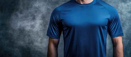 Aufkleber - Dark blue sports shirt with short sleeves on gray background displaying empty copyspace for promotional text or design elements.
