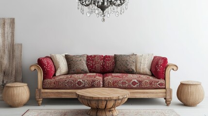 Aufkleber - Mediterranean living room with wooden tea table, plush sofa in suzani print, and elegant chandelier showcasing a stylish interior design.