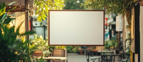 Poster - Blank white sign in coffee shop courtyard surrounded by greenery offering ample copyspace for custom text or promotional messages