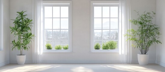 Aufkleber - Bright minimalist bedroom featuring large windows, indoor plants, and ample empty space for customizable text or graphics.